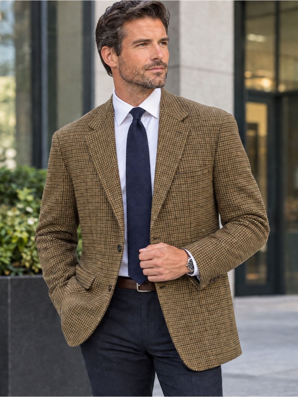 Hickey Freeman Blazer Mens 46L Brown Cashmere Houndstooth Boardroom Sport Coat